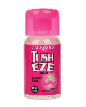 A bottle of CalExotics Tush Eze strawberry-scented water-based lubricant with a pink label and cap.