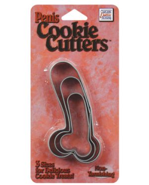 Packaging for a set of three novelty cookie cutters in descending sizes, labeled "Penis Cookie Cutters" with a marbled pink and orange background.
