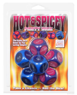 Hot & Spicey Party Dice::A pack of erotic dice featuring playful phrases, designed for couples to enhance intimacy and fun during game night.