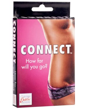 A product box for "CONNECT" with a close-up image of a person's midsection wearing a purple garment, and the text "How far will you go?" with the brand "California Exotic Novelties" at the bottom.