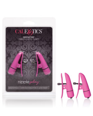 Package of pink nipple clamps designed for stimulation, featuring wireless and waterproof capabilities with a satin finish.