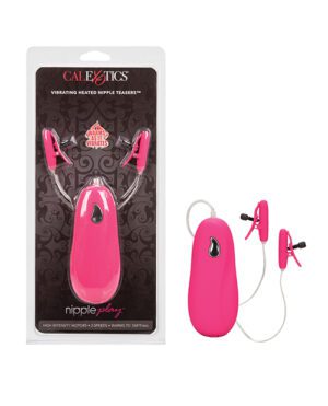 Packaged adult novelty toy featuring vibrating heated nipple teasers with a remote control, displayed against a white backdrop.