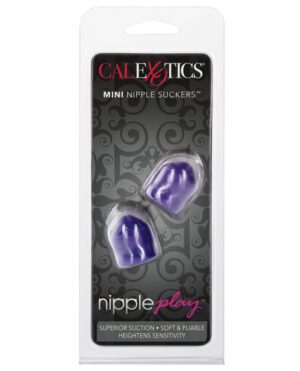 Packaging for "CALEXOTICS Mini Nipple Suckers" in a black and white blister pack with purple product visible through a window.