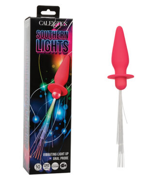 A pink vibrating anal probe with a light-up feature, alongside its product packaging box which reads "Southern Lights," made by CalExotics.