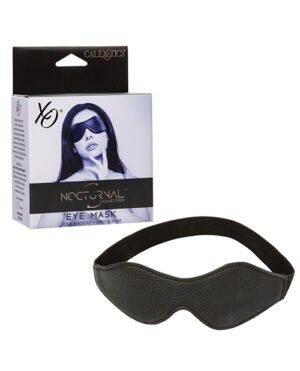 Product display of a "Nocturnal Collection" eye mask by Calexotics, featuring the eye mask in front and its packaging box with an image of a woman wearing the mask behind it.