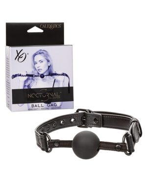 Product image of a ball gag with adjustable straps and packaging box from the Nocturnal Collection by CalExotics.