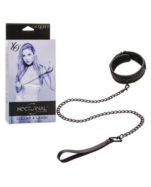 Product packaging for a "Nocturnal Collection Collar & Leash" set by CalExotics, featuring a black collar with a chain leash and a box with an image of a woman modeling the collar.