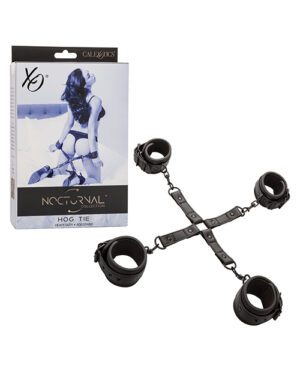 A product image of a 'Nocturnal Collection Hog Tie' set with four black cuffs connected by a central metal ring and chains, displayed next to its packaging which features a monochrome photo of a model tied with the product.
