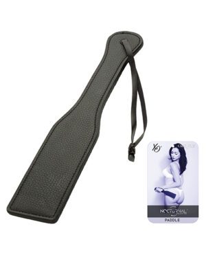 A black faux leather paddle with a wrist strap, accompanied by packaging featuring product branding.