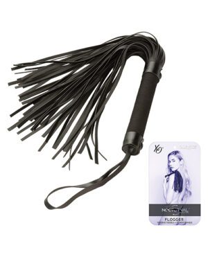 Black leather flogger with a woven handle and multiple tails, accompanied by product packaging featuring the flogger's branding.