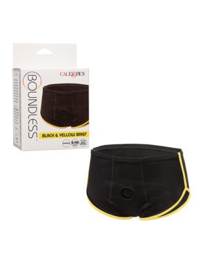 Black and yellow briefs displayed beside their packaging box labeled "CALEXOTICS BOUNDLESS Black & Yellow Brief."