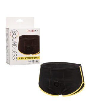 Black and yellow briefs displayed next to their product packaging.