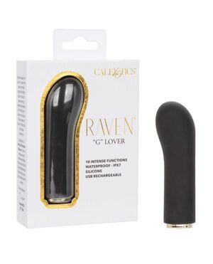 A product image showing the packaging and the actual item of "RAVEN 'G' LOVER" by CALExotics. The box highlights features such as "10 INTENSE FUNCTIONS," "WATERPROOF - IPX7," "SILICONE," and "USB RECHARGEABLE." The item is black and displayed next to its packaging.