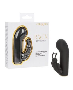 A product box labeled "CalExotics RAVEN Butterfly" with an image of a black adult novelty toy next to it, highlighting features such as "10 intense functions," "waterproof IPX7," "silicone," and "USB rechargeable".