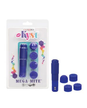 A blue Mega-Mite vibrator with various attachments displayed in a plastic packaging.