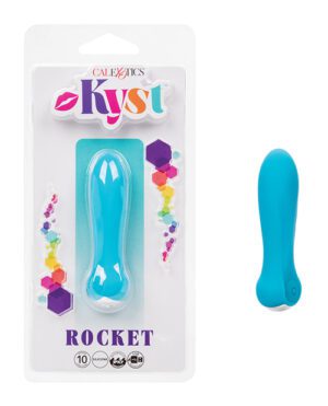 A blue personal massager in its packaging with the word "ROCKET" and the number 10 indicating settings, alongside a separate image of the massager itself.