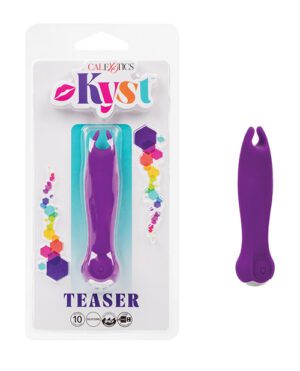 A purple personal stimulation device in its packaging, branded by CalExotics with a design labeled "Teaser".