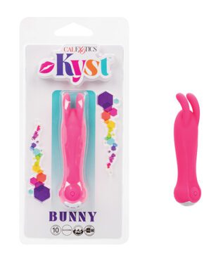 A pink bunny-shaped vibrator displayed within its packaging, with the brand "Calexotics" and product name "Kyst Bunny" visible.