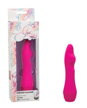 Alt text: A boxed adult pleasure product next to its packaging, which indicates the product has 12 functions, is made of silicone, and is USB rechargeable.