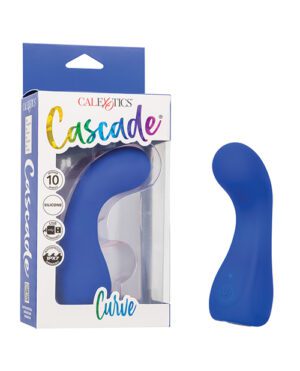 A blue curved personal massager by "Calexotics" named Cascade Wave, displayed next to its packaging which highlights features such as "10 functions, silicone, USB rechargeable, and waterproof."