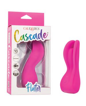 Alt text: A pink adult toy inside packaging labeled "Calexotics Cascade Flutter" with icons indicating features such as 10 functions, silicone material, and USB rechargeable, displayed next to an unpackaged version of the product.