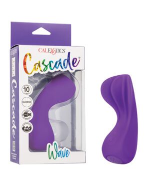 A product image showing a purple silicone personal massager by Calexotics, named Cascade Wave, both in and out of the box, which highlights its 10 functions, silicone material, USB rechargeable feature, and IPX7 waterproof rating.