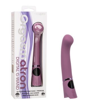 A boxed and an unboxed purple G-Wand massager, highlighting its features and premium silicone material with LED screen.