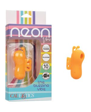 A neon orange silicone finger teaser vibrator in its packaging, with the product displayed both inside the box and outside to its right side. The package is branded "Neon Vibes" and indicates it is a USB rechargeable device with 10 functions, by CalExotics.