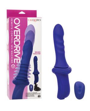 A purple remote-controlled adult sex toy displayed next to its packaging with text and features.