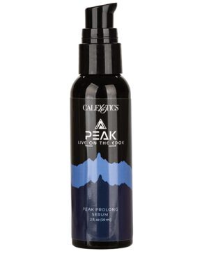 A black pump bottle of CalExotics PEAK Prolong Serum with a mountain graphic and text stating "LIVE ON THE EDGE". The bottle contains 2 fl oz (59 ml) of the product.