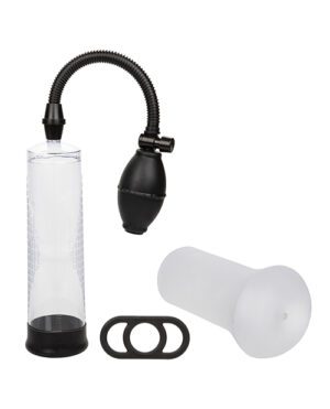 A vacuum pump set with a clear cylinder, a squeeze bulb attached by a flexible hose, a white sleeve, and two black constriction rings.