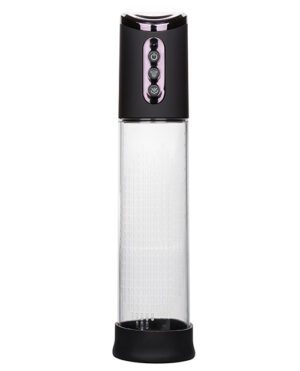 An electric wine opener with a transparent body, digital display with buttons, and a black top and base.