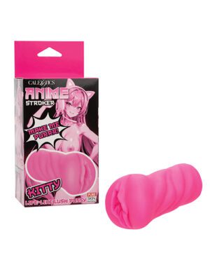 Product packaging for an adult novelty item with an anime character on the box alongside a pink object associated with the product.