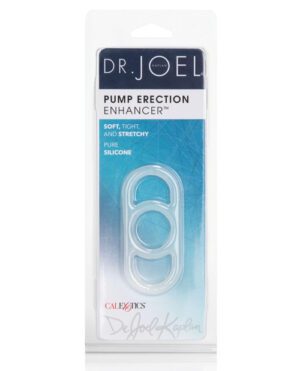 Product packaging for "Dr. Joel Pump Erection Enhancer" made of pure silicone by CalExotics, featuring a blue and white design.
