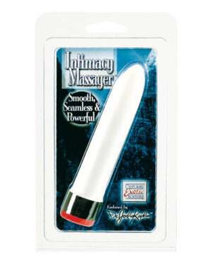 Packaging for an "Intimacy Massager," which is smooth, seamless, and powerful, produced by California Exotic Novelties and endorsed by Dr. Joel Kaplan.