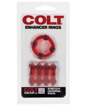 Packaging for Colt Enhancer Rings with three stretchy red silicone rings displayed in a clear plastic blister on a white hanging card.