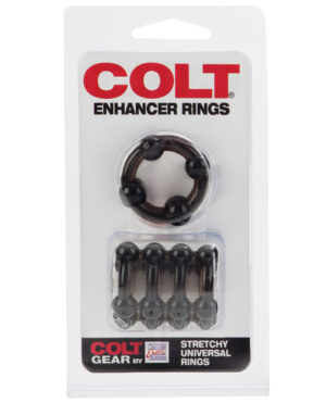 A package of Colt enhancer rings featuring a stretchy universal design, ideal for enhancing personal experiences.