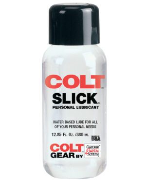 A bottle of Colt Slick personal lubricant, indicating it is water-based and suitable for all personal needs, containing 12.85 fl. oz. (380 ml).