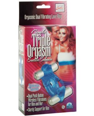 Product packaging for an adult novelty item labeled "Couples Triple Orgasm Erection Enhancer" featuring dual vibrators, multiple speeds, and water-resistant capabilities.
