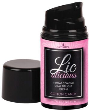 Alt text: A bottle of Sensuva brand Lic-O-Licious throat coating oral delight cream in cotton candy flavor, 1.7 fl oz, with its cap removed and placed beside it on a white background.