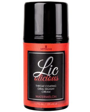 A bottle of Sensuva brand "Lic O Licious" throat coating oral delight cream with a watermelon flavor, 1.7 fl. oz. / 125 ml size.
