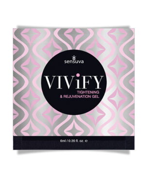 Product packaging for "VIViFY Tightening & Rejuvenation Gel" by Sensuva, 6ml size, with a pink and grey abstract pattern in the background.