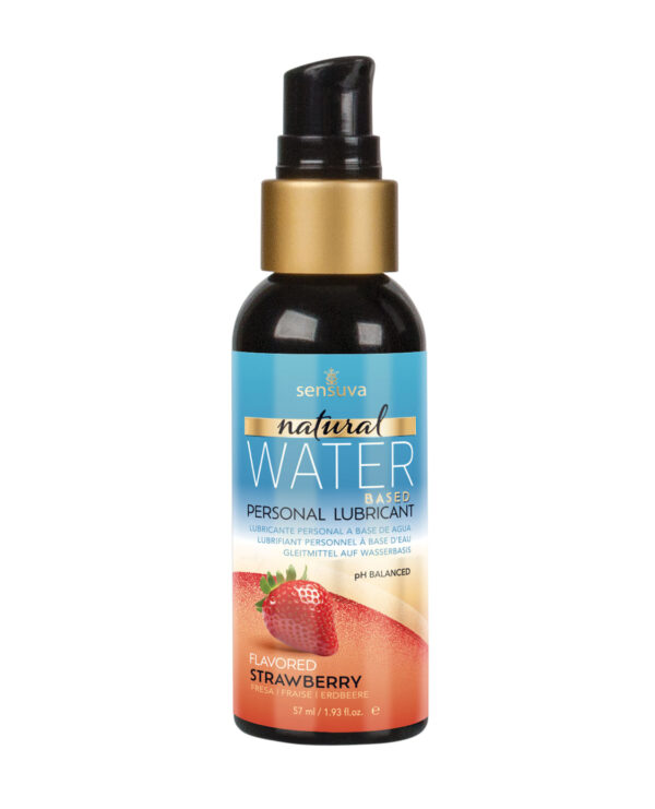 A 57ml bottle of natural water-based personal lubricant flavored with strawberry, featuring a pump dispenser and a pH balanced label.