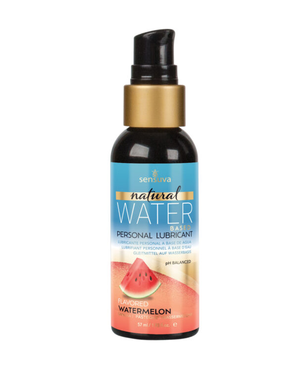 A bottle of Sensuva natural water-based personal lubricant, flavored watermelon, with a pump dispenser, showcasing vibrant packaging and a pH balanced formula.