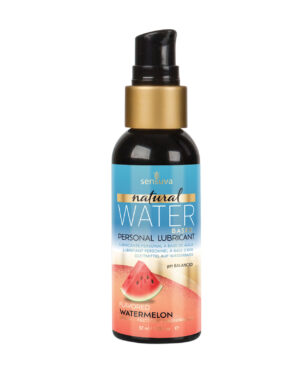 A bottle of Sensuva natural water-based personal lubricant in watermelon flavor, featuring a pump top and a vibrant design highlighting its pH balanced formulation.