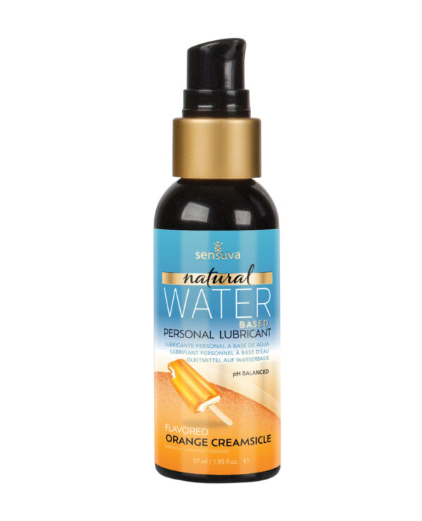 A 57 ml bottle of Sensuva's natural water-based personal lubricant, featuring an orange creamsicle flavor and a pH-balanced formula.