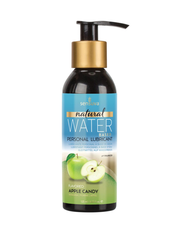 A 125 ml bottle of Sensuva's natural water-based personal lubricant, flavored apple candy, featuring a pump dispenser and a vibrant design.