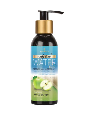 Bottle of Sensuva's natural water-based personal lubricant flavored with apple candy, featuring a pump dispenser and a balanced pH formula.