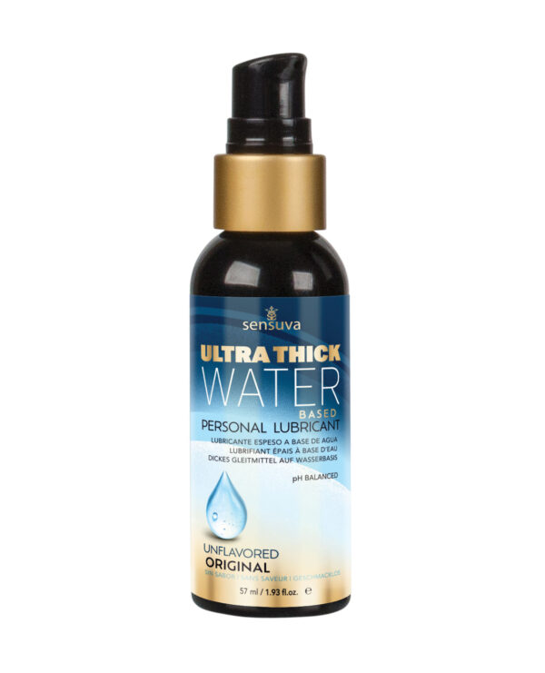 A 57 ml bottle of Sensuva Ultra Thick water-based personal lubricant featuring an unflavored formula, designed for enhanced comfort and pH balanced for sensitivity.