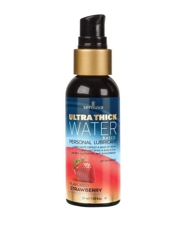 Bottle of Sensuva Ultra Thick water-based lubricant, flavored strawberry, 57 ml, featuring a pump dispenser and ph-balanced formula.